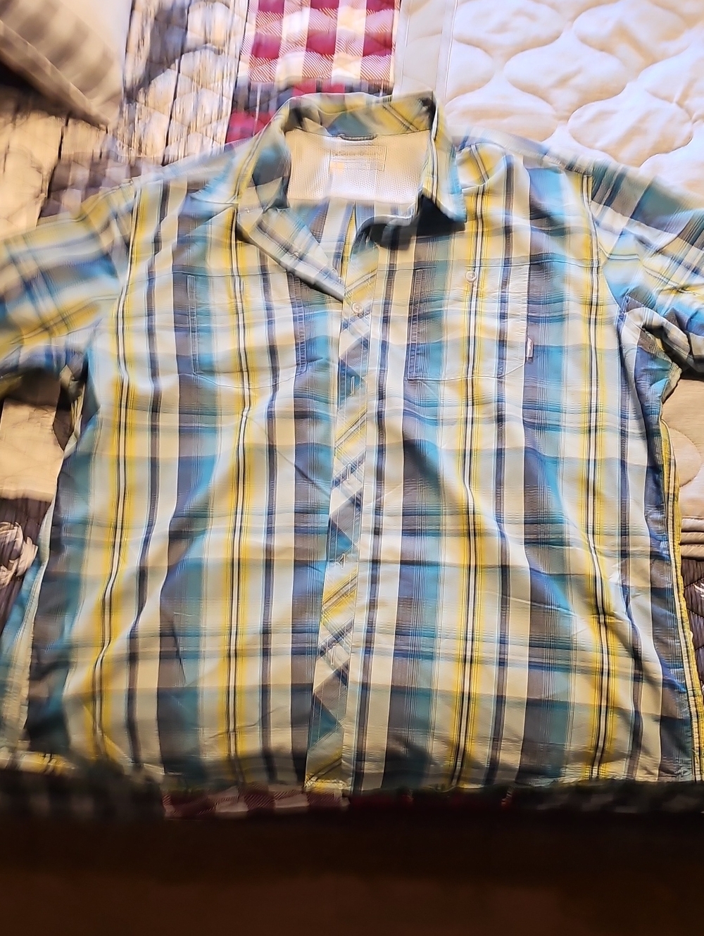 Eddie Bauer Plaid Short-Sleeve Button-Down Shirt - Blue & Yellow